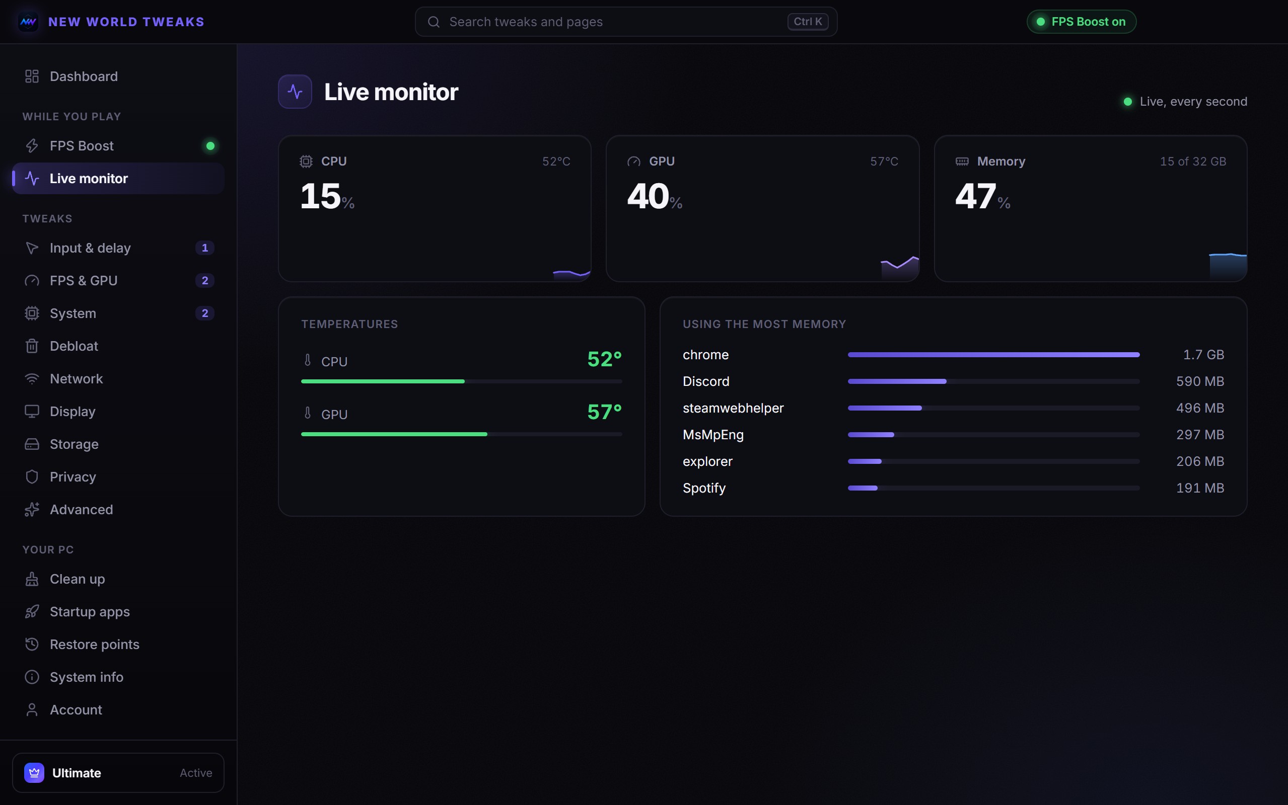 The live monitor with CPU, GPU and memory graphs